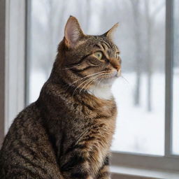 A brown tabby cat sitting by a window, watching the snow fall outside reflectively.