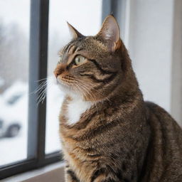 A brown tabby cat sitting by a window, watching the snow fall outside reflectively.