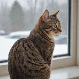 A brown tabby cat sitting by a window, watching the snow fall outside reflectively.