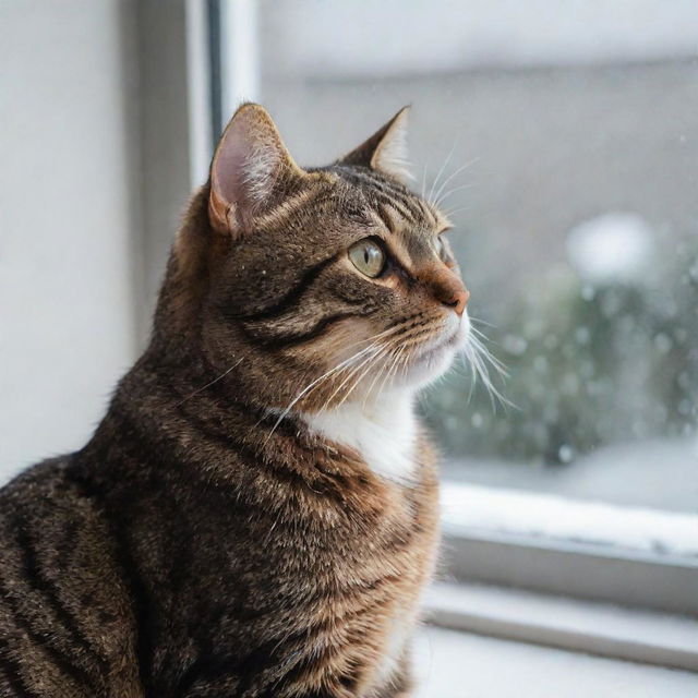 A brown tabby cat sitting by a window, watching the snow fall outside reflectively.