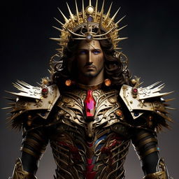 Jesus depicted as the ultimate princely figure, royal and majestic, in a flamboyantly styled mecha exoskeleton with a crown of thorns, exuding an intense badass aura.