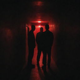 Moody image of men with undefined faces standing in a half-dark prison corridor, a single, ominous red light breaking the darkness