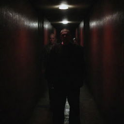 Moody image of men with undefined faces standing in a half-dark prison corridor, a single, ominous red light breaking the darkness