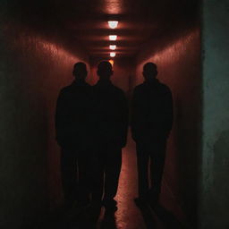 Moody image of men with undefined faces standing in a half-dark prison corridor, a single, ominous red light breaking the darkness