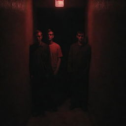 Moody image of men with undefined faces standing in a half-dark prison corridor, a single, ominous red light breaking the darkness