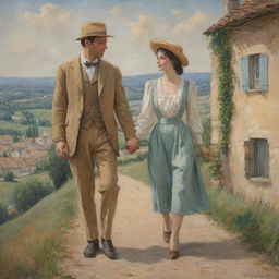 A painting of a man and a woman, clad in vintage French country attire, holding hands against the picturesque backdrop of the old French countryside.