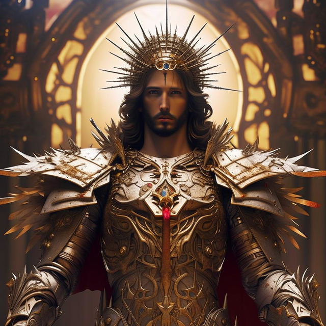 Jesus depicted as the ultimate princely figure, royal and majestic, in a flamboyantly styled mecha exoskeleton with a crown of thorns, exuding an intense badass aura.