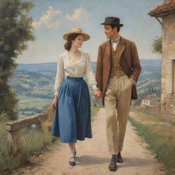 A painting of a man and a woman, clad in vintage French country attire, holding hands against the picturesque backdrop of the old French countryside.