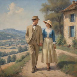 A painting of a man and a woman, clad in vintage French country attire, holding hands against the picturesque backdrop of the old French countryside.