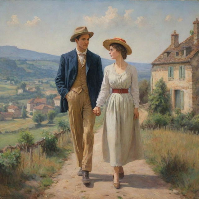 A painting of a man and a woman, clad in vintage French country attire, holding hands against the picturesque backdrop of the old French countryside.