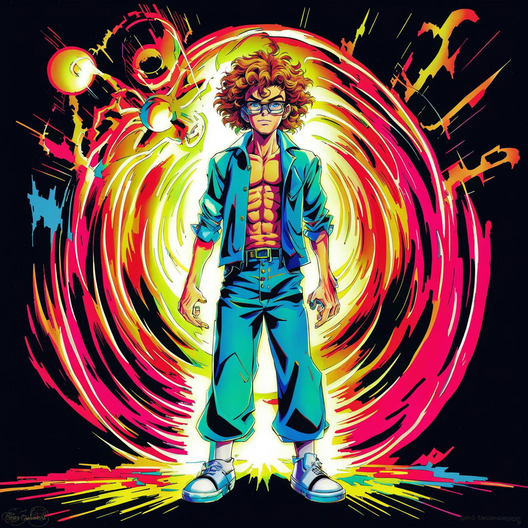 90s nerd in high-waisted jeans and oversized glasses gains divine power, radiating intense light amidst vibrant, abstract background in Jojo's Bizarre Adventure style.