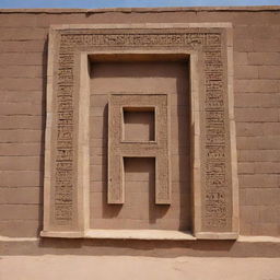 A letter 'H' designed as an elongated Yemeni archaeological building, displaying detailed brickwork and intricate designs common to Yemeni architecture.