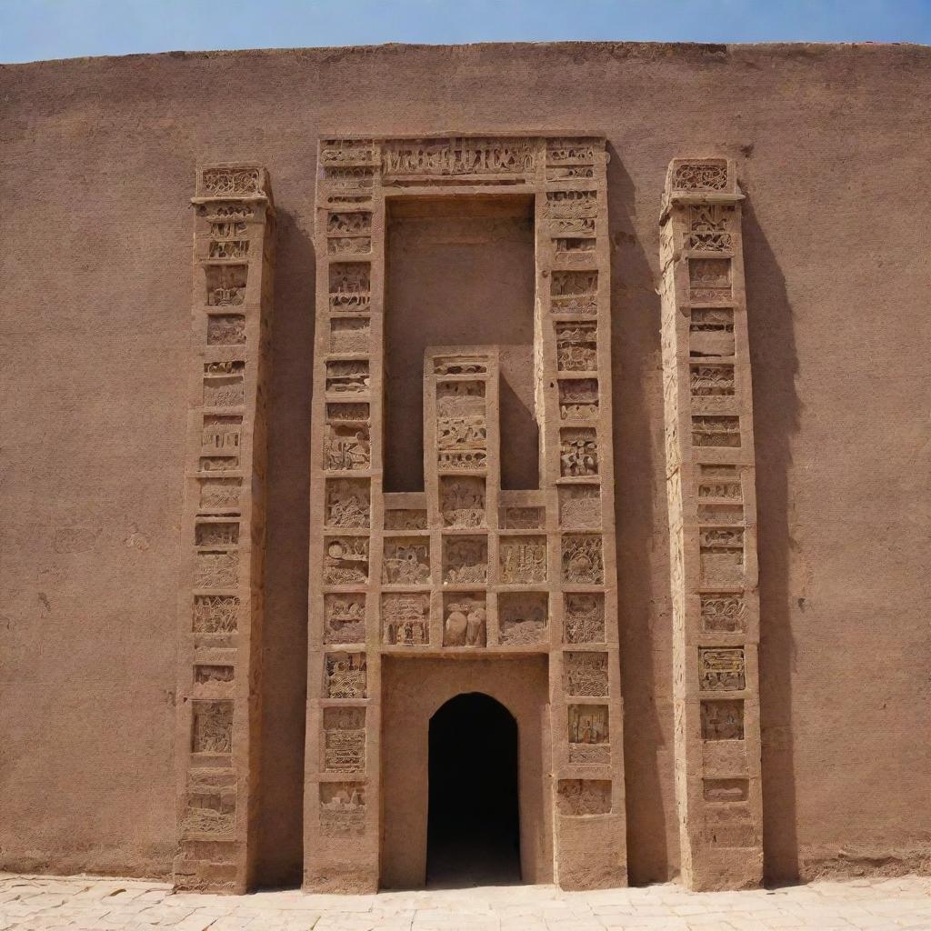 A letter 'H' designed as an elongated Yemeni archaeological building, displaying detailed brickwork and intricate designs common to Yemeni architecture.