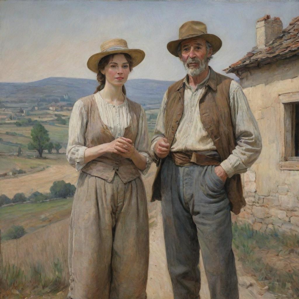 A painting of a humble man and woman, dressed in weathered country clothes, standing in the old French countryside, their hands connected.