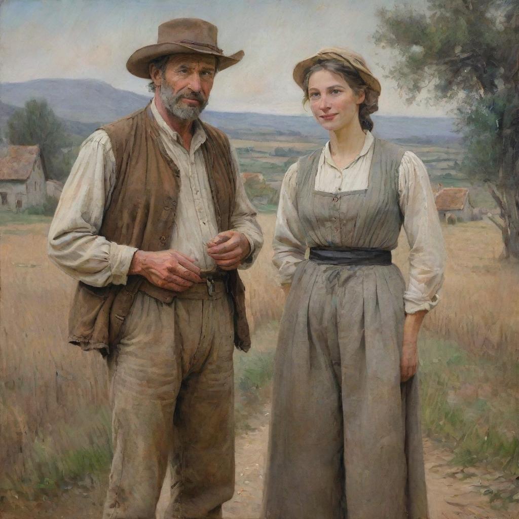 A painting of a humble man and woman, dressed in weathered country clothes, standing in the old French countryside, their hands connected.