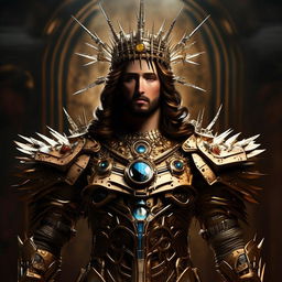 Jesus depicted as the ultimate princely figure, royal and majestic, in a flamboyantly styled mecha exoskeleton with a crown of thorns, exuding an intense badass aura.