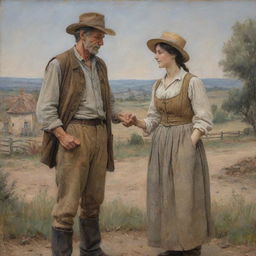 A painting of a humble man and woman, dressed in weathered country clothes, standing in the old French countryside, their hands connected.