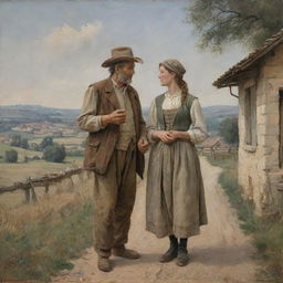 A painting of a humble man and woman, dressed in weathered country clothes, standing in the old French countryside, their hands connected.