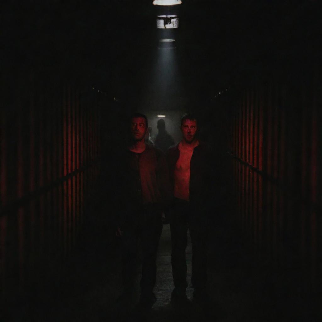 Men with indistinct faces stand in the centre of a prison corridor, surrounded by cells, bathed in the half-darkness illuminated by a single small red light overhead