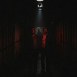 Men with indistinct faces stand in the centre of a prison corridor, surrounded by cells, bathed in the half-darkness illuminated by a single small red light overhead