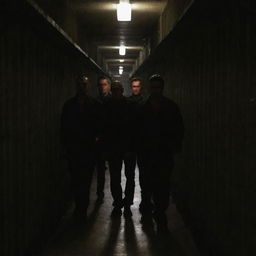 Men with indistinct faces stand in the centre of a prison corridor, surrounded by cells, bathed in the half-darkness illuminated by a single small red light overhead