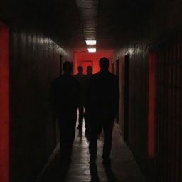 Men with indistinct faces stand in the centre of a prison corridor, surrounded by cells, bathed in the half-darkness illuminated by a single small red light overhead