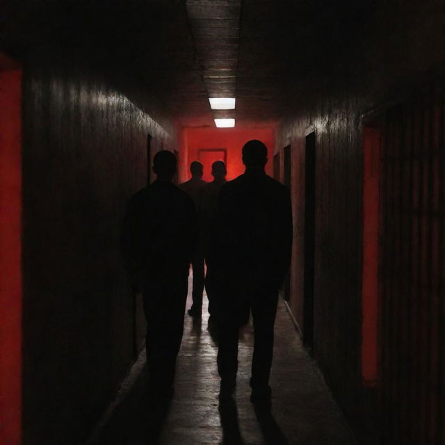 Men with indistinct faces stand in the centre of a prison corridor, surrounded by cells, bathed in the half-darkness illuminated by a single small red light overhead