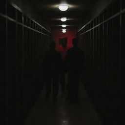 Men with indistinct faces stand in the centre of a prison corridor, surrounded by cells, bathed in the half-darkness illuminated by a single small red light overhead