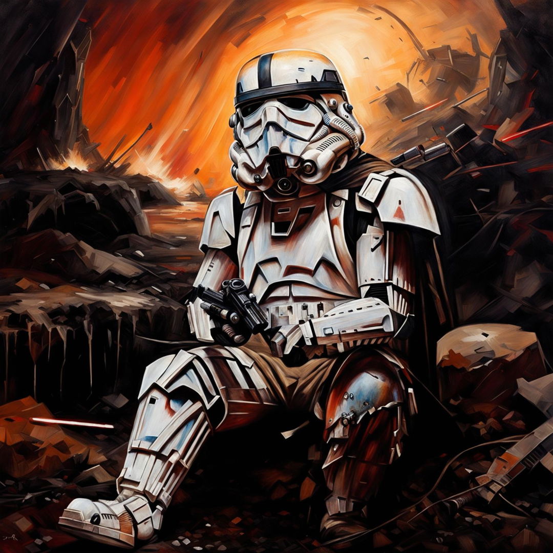 Traditional oil painting featuring a weary Star Wars stormtrooper seated on a battlefield after an intense fight.