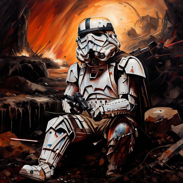 Traditional oil painting featuring a weary Star Wars stormtrooper seated on a battlefield after an intense fight.