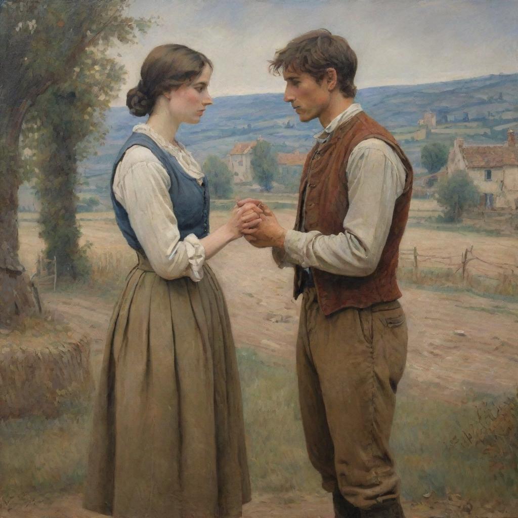 A painting depicting a young, impoverished man and a woman, standing face to face, their hands intertwined, in the ancient French countryside, adorned in classic country garments.