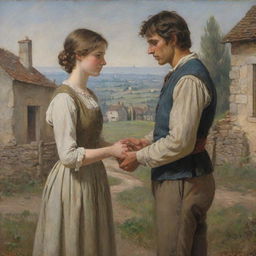 A painting depicting a young, impoverished man and a woman, standing face to face, their hands intertwined, in the ancient French countryside, adorned in classic country garments.