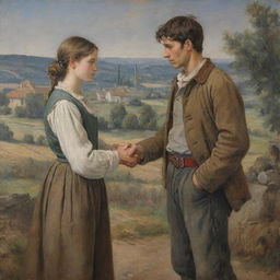 A painting depicting a young, impoverished man and a woman, standing face to face, their hands intertwined, in the ancient French countryside, adorned in classic country garments.