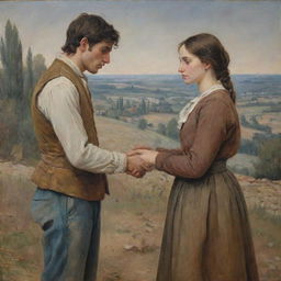 A painting depicting a young, impoverished man and a woman, standing face to face, their hands intertwined, in the ancient French countryside, adorned in classic country garments.