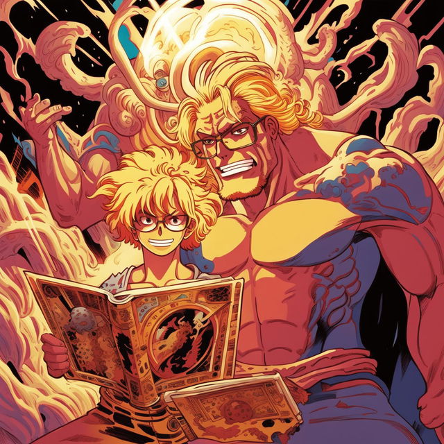 Scrawny One Piece style nerd with thick glasses, blonde curly hair, and Jojo's Bizarre Adventure style deity behind him, hand on his shoulder in support, radiating divine power.