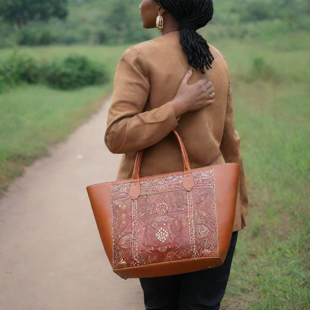 A modern leather bag subtly accented with Igbo cultural designs