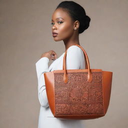 A modern leather bag subtly accented with Igbo cultural designs