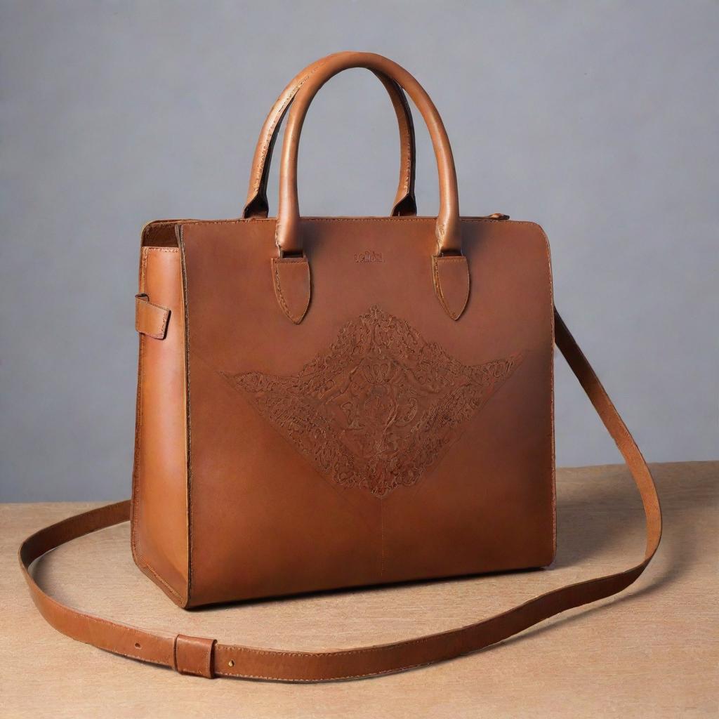 A leather bag with a sleek, modern, classy design, subtly accented with Igbo cultural elements