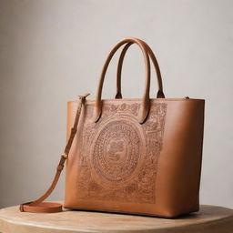 A chic, modern leather bag in a color other than brown, gracefully highlighted with subtle Igbo cultural designs