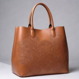 A chic, modern leather bag in a color other than brown, gracefully highlighted with subtle Igbo cultural designs