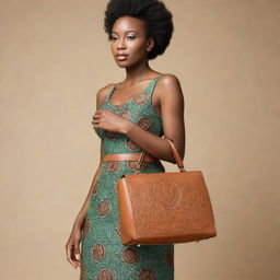 A chic, modern leather bag in a color other than brown, gracefully highlighted with subtle Igbo cultural designs