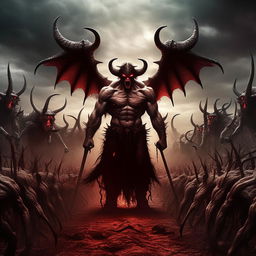 A striking image of a classic devil figure, complete with horns and a pitchfork, leading a fearsome army of demons under an ominous sky