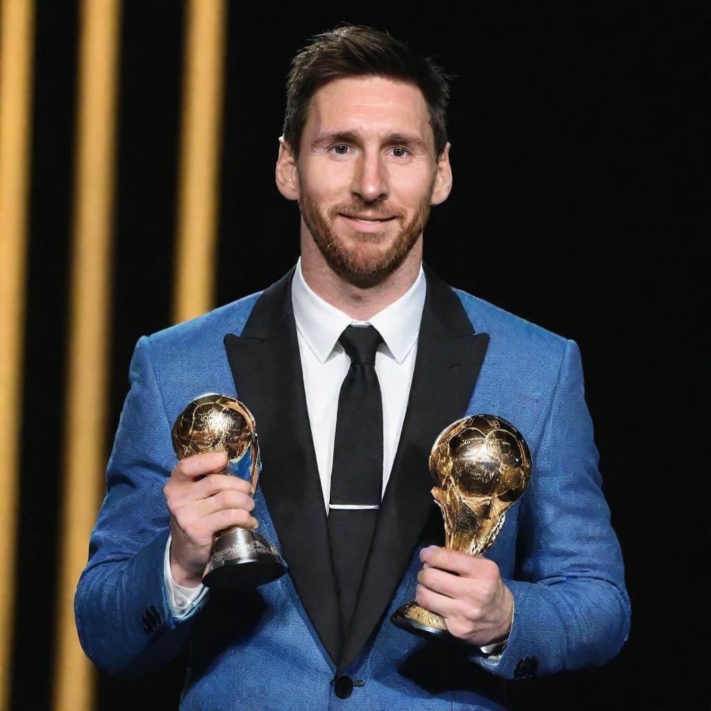 Lionel Messi in an elegant suit, holding the FIFA Best Player award. The award sparkles under the bright lights, reflecting on his joyous face.