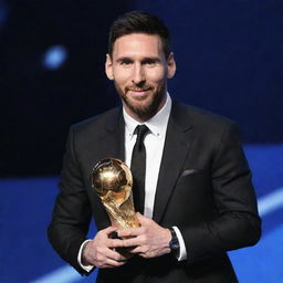 Lionel Messi in an elegant suit, holding the FIFA Best Player award. The award sparkles under the bright lights, reflecting on his joyous face.