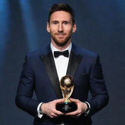 Lionel Messi in an elegant suit, holding the FIFA Best Player award. The award sparkles under the bright lights, reflecting on his joyous face.