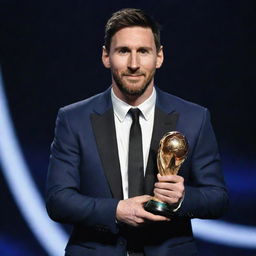 Lionel Messi in an elegant suit, holding the FIFA Best Player award. The award sparkles under the bright lights, reflecting on his joyous face.