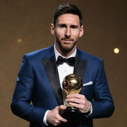 A commanding image of Lionel Messi clutching his FIFA Best Player award. His gaze is intense, his aura radiating power and dominance. The room is filled with an awe-inspiring aura.