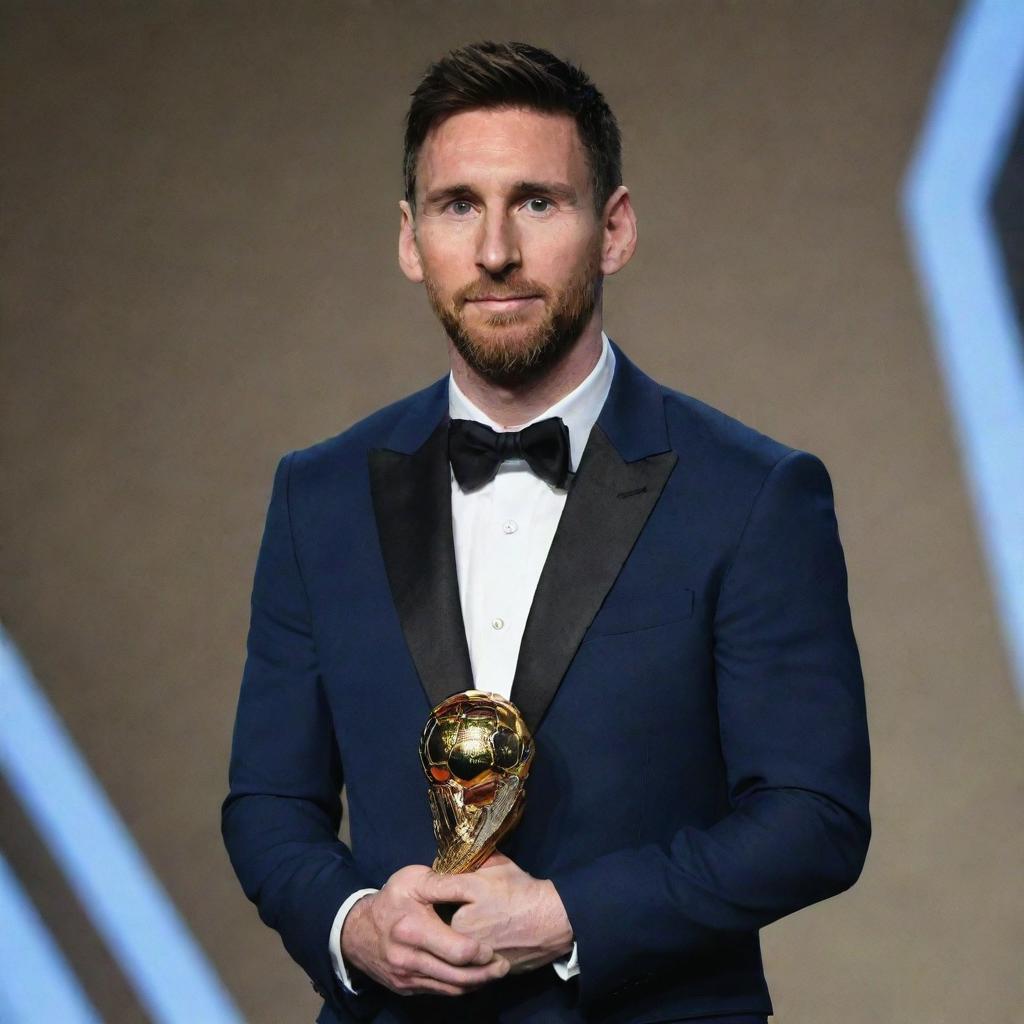 A commanding image of Lionel Messi clutching his FIFA Best Player award. His gaze is intense, his aura radiating power and dominance. The room is filled with an awe-inspiring aura.