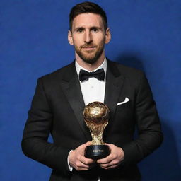 A commanding image of Lionel Messi clutching his FIFA Best Player award. His gaze is intense, his aura radiating power and dominance. The room is filled with an awe-inspiring aura.