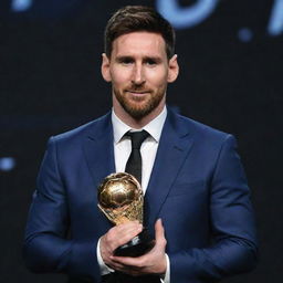 A commanding image of Lionel Messi clutching his FIFA Best Player award. His gaze is intense, his aura radiating power and dominance. The room is filled with an awe-inspiring aura.